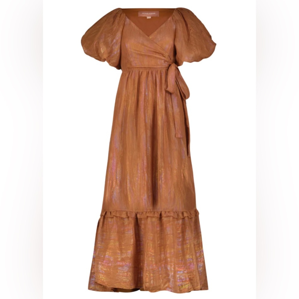 JessaKae Metallic Copper Puff-Sleeve Wrap Maxi Dress